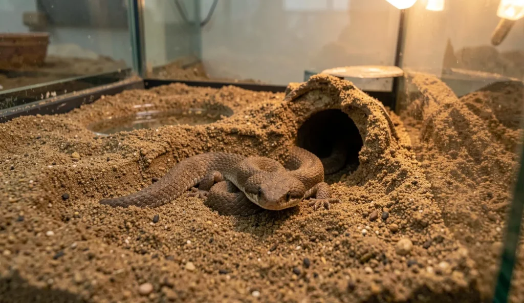 Kenyan sand boa resting partially buried in deep sandy substrate inside a terrarium with a partially buried hide and a shallow water dish.