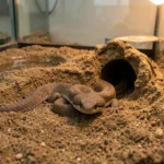 Kenyan Sand Boa – Enclosure Setup Tips, Substrate, Temperature, Feeding & Care Guide Kenyan sand boa resting partially buried in deep sandy substrate inside a terrarium with a partially buried hide and a shallow water dish.