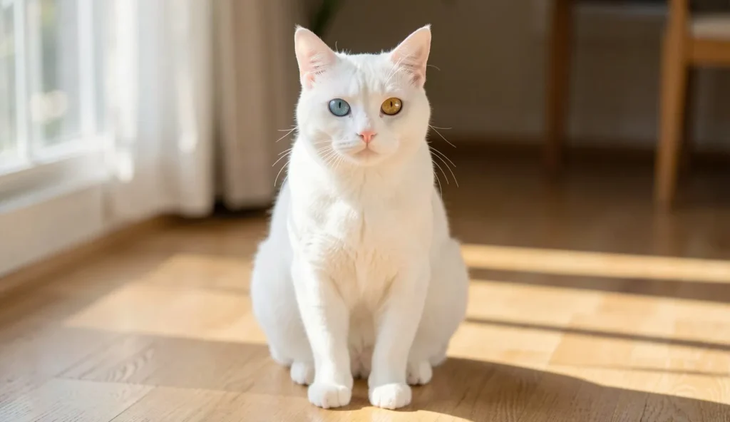 All-white Khao Manee cat sitting indoors with visible odd eyes showing one blue eye and one golden eye.