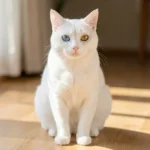 Khao Manee Cat – All White Coat, Diamond Eyes & Complete Breed Guide All-white Khao Manee cat sitting indoors with visible odd eyes showing one blue eye and one golden eye.