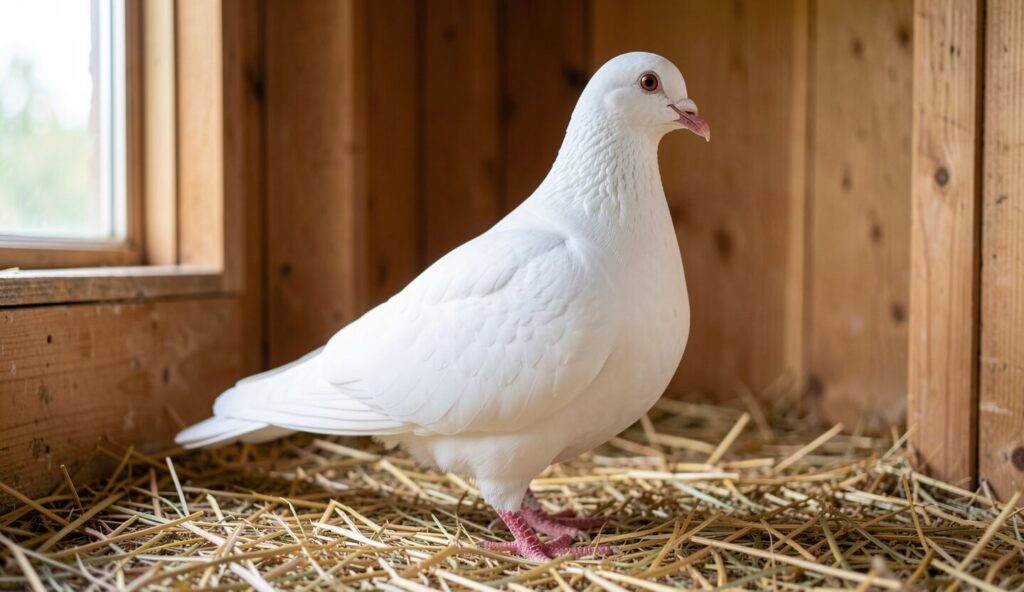 White King Pigeon standing on straw in a loft, showing broad chest and upright posture