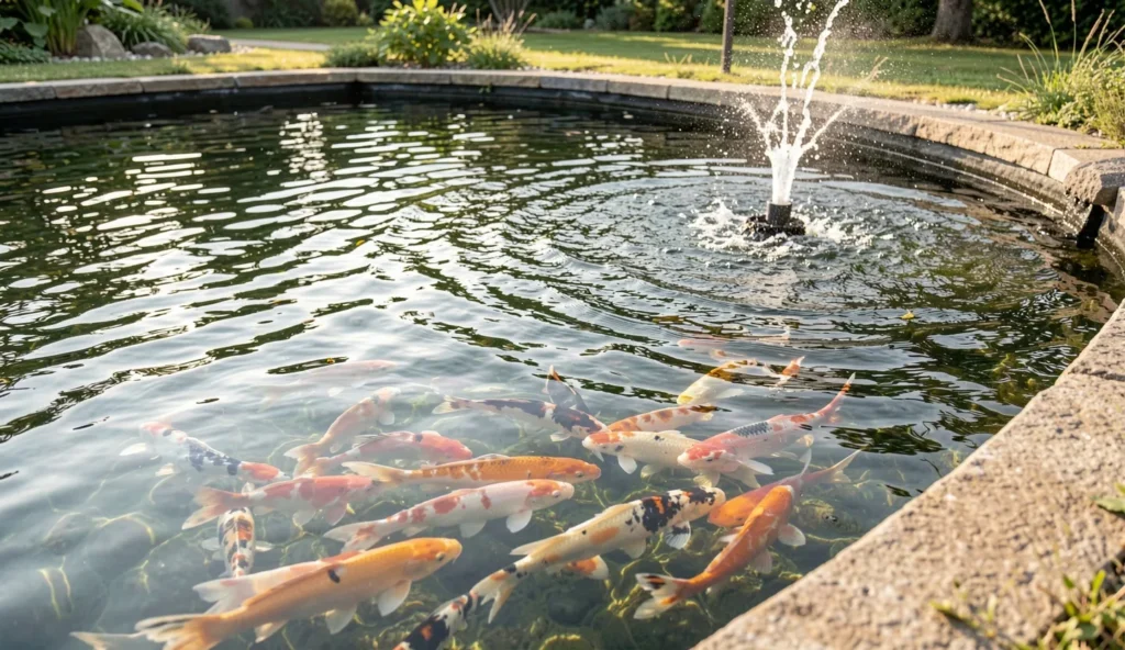 Koi fish swimming in a clear outdoor pond with visible surface movement from filtration and aeration equipment