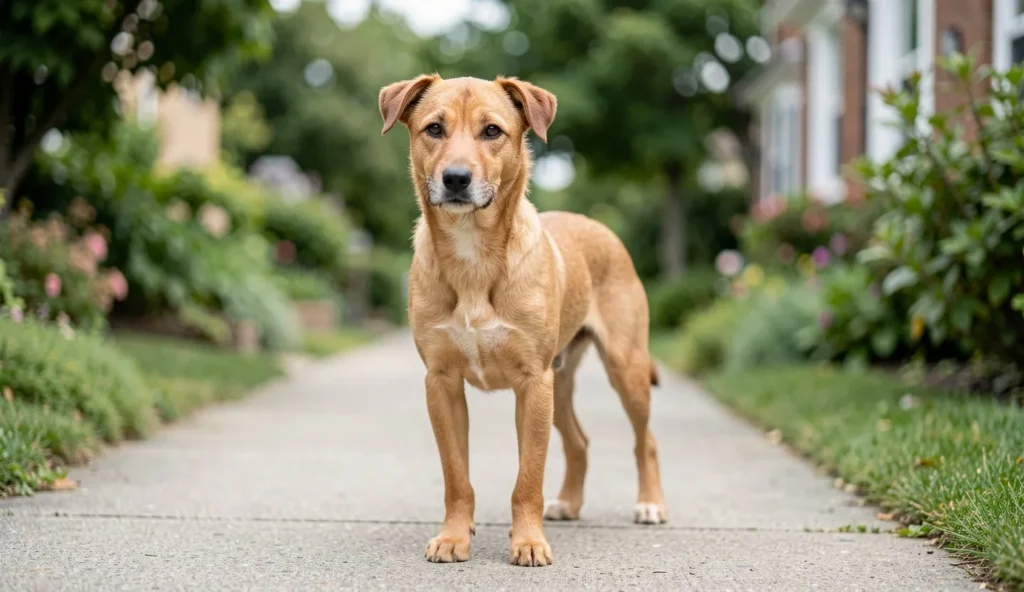A Kromfohrlander standing on a sidewalk with an alert, calm expression in daylight near a home garden.