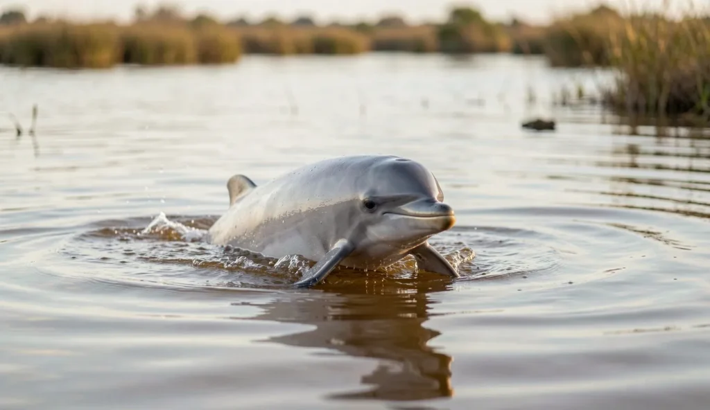 A La Plata dolphin swims near the surface in a shallow estuary with natural light reflecting on rippled muddy water.