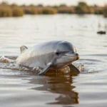 A La Plata dolphin swims near the surface in a shallow estuary with natural light reflecting on rippled muddy water.