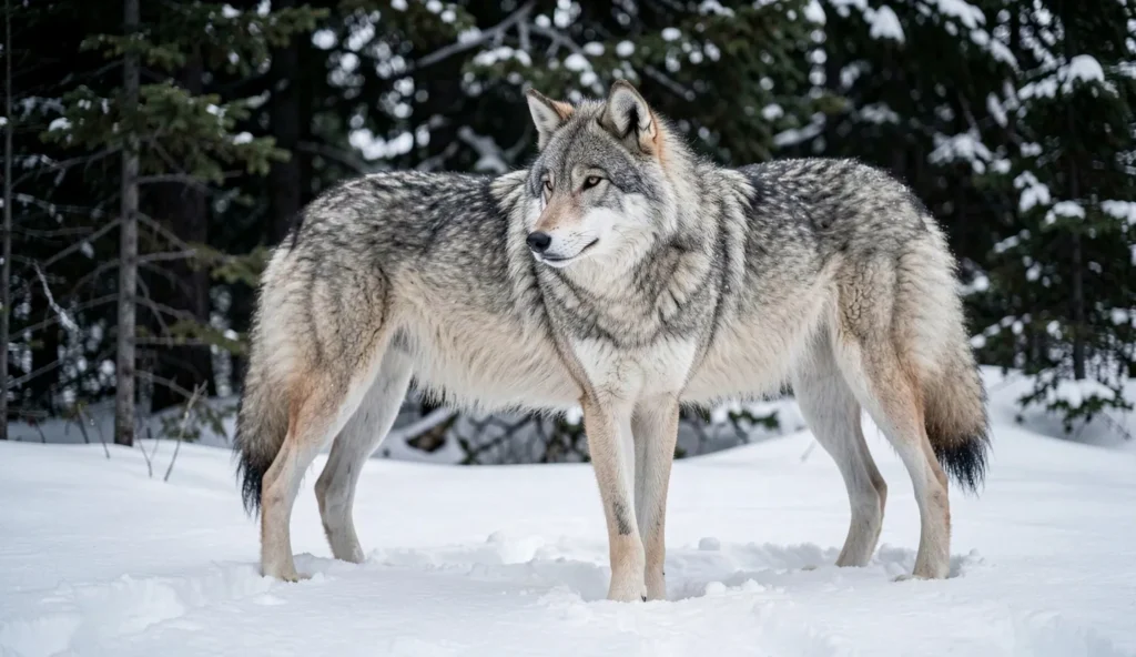 A gray wolf stands on snow near spruce trees in a northern Canadian winter landscape