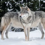 A gray wolf stands on snow near spruce trees in a northern Canadian winter landscape