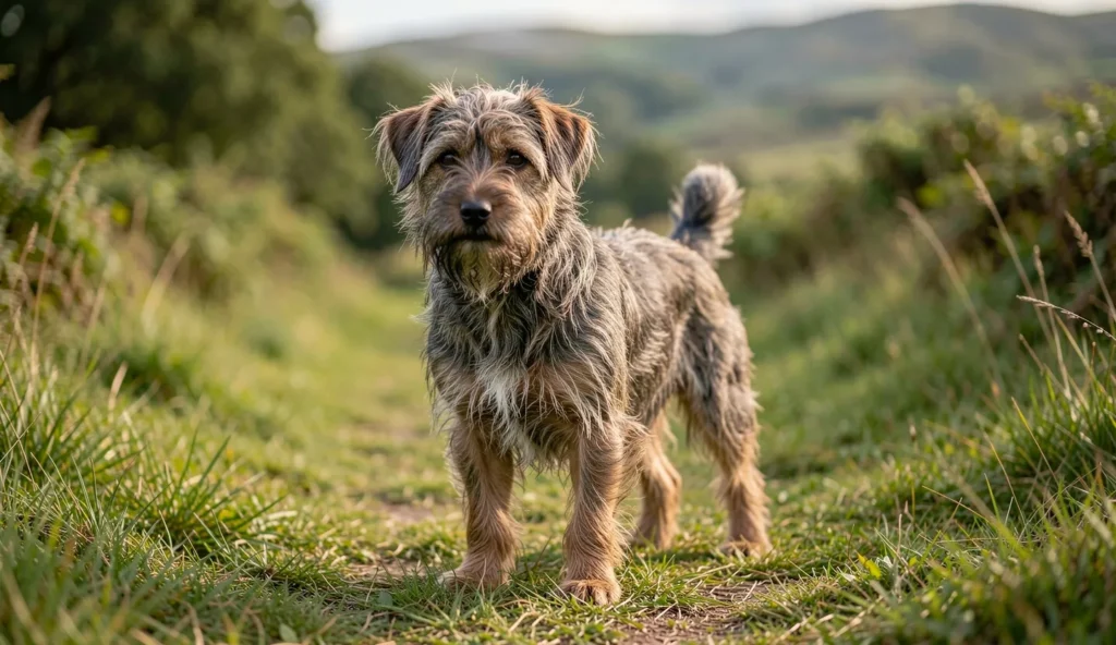 A Lakeland Terrier standing alert on a grassy path in the Lake District with a dense harsh coat in natural light.