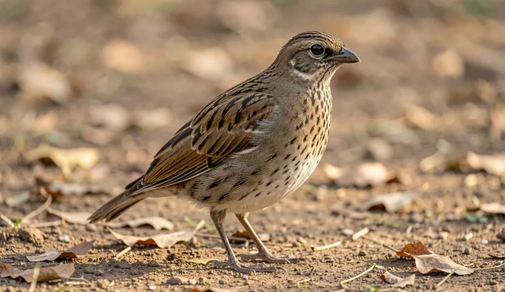 Latham Francolin standing on dirt ground showing detailed mottled and barred plumage on the chest, flanks, and folded wings in natural light.