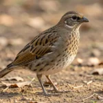 Latham Francolin standing on dirt ground showing detailed mottled and barred plumage on the chest, flanks, and folded wings in natural light.
