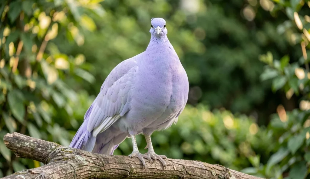 Close up of a Lavender Peafowl perched on a branch in a garden with pastel lavender plumage