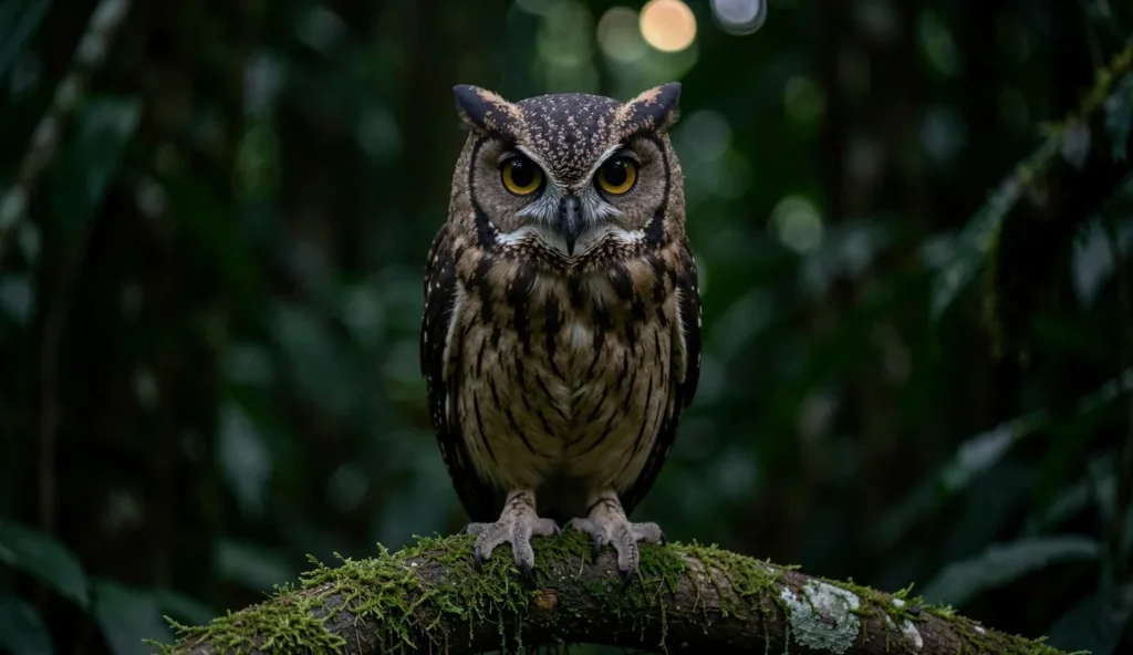 Lesser Sooty Owl perched on a mossy branch in a New Guinea rainforest at dusk