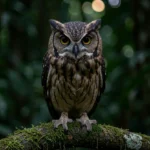 Lesser Sooty Owl The Small Nocturnal Of The Tropics Lesser Sooty Owl perched on a mossy branch in a New Guinea rainforest at dusk