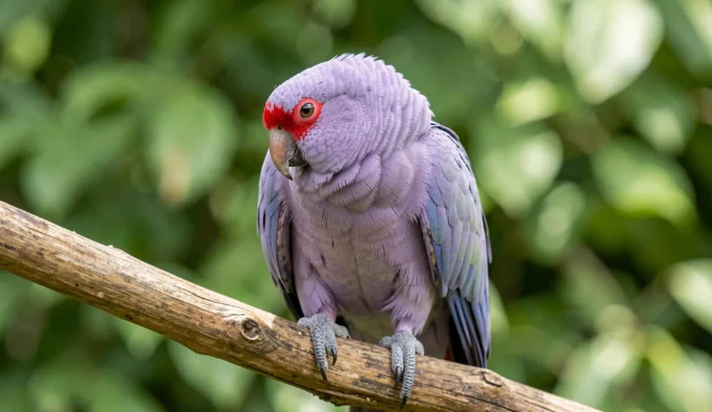 Close-up of a Lilac Crowned Amazon parrot with a lilac crown and green feathers perching on a tree branch.