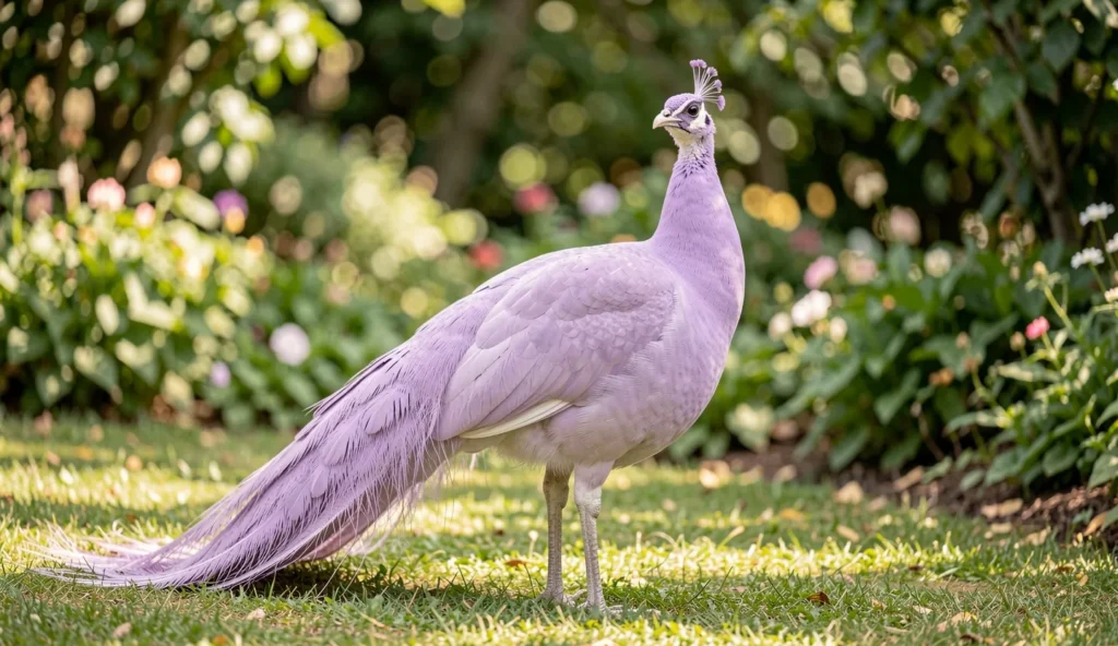 Lilac Peafowl in a garden with pastel purple plumage standing on grass