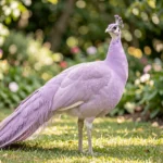Lilac Peafowl – Light Purple Delight & Complete Breed Guide Lilac Peafowl in a garden with pastel purple plumage standing on grass