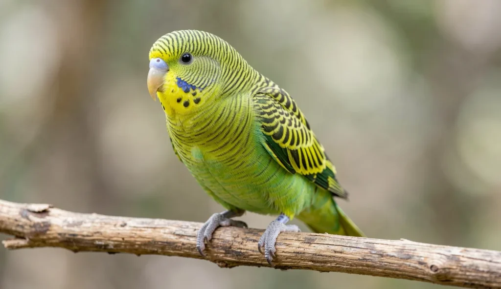 A green Lineolated Parakeet perched on a branch, showing its barred feathers and calm expression