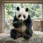 Ling Ling the giant panda in a Japanese zoo enclosure eating bamboo