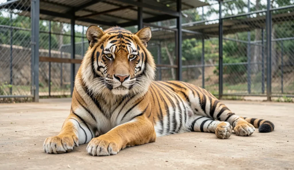 A lion hybrid big cat resting inside a secure outdoor enclosure in daylight