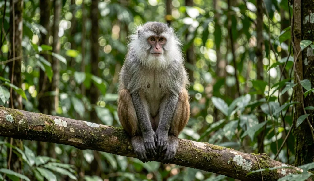 Adult Lion-Tailed Macaque with a silver mane perched on a branch in a lush forest setting.