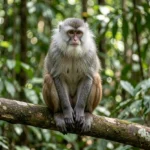 Lion-Tailed Macaque – Breed Profile & Complete Care Guide Adult Lion-Tailed Macaque with a silver mane perched on a branch in a lush forest setting.
