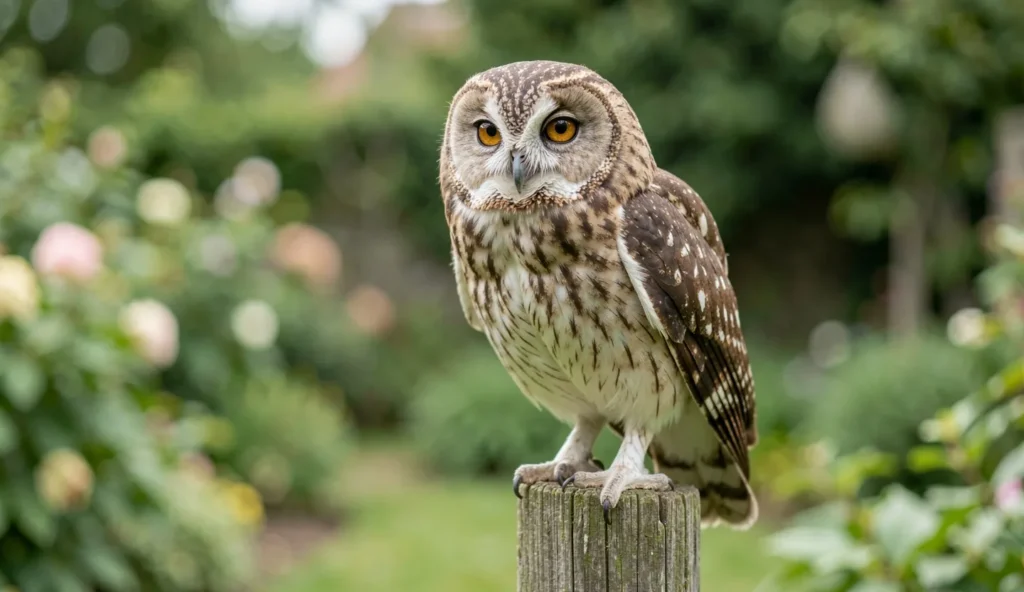 Close-up of a Little Owl perched on a wooden pole in a garden