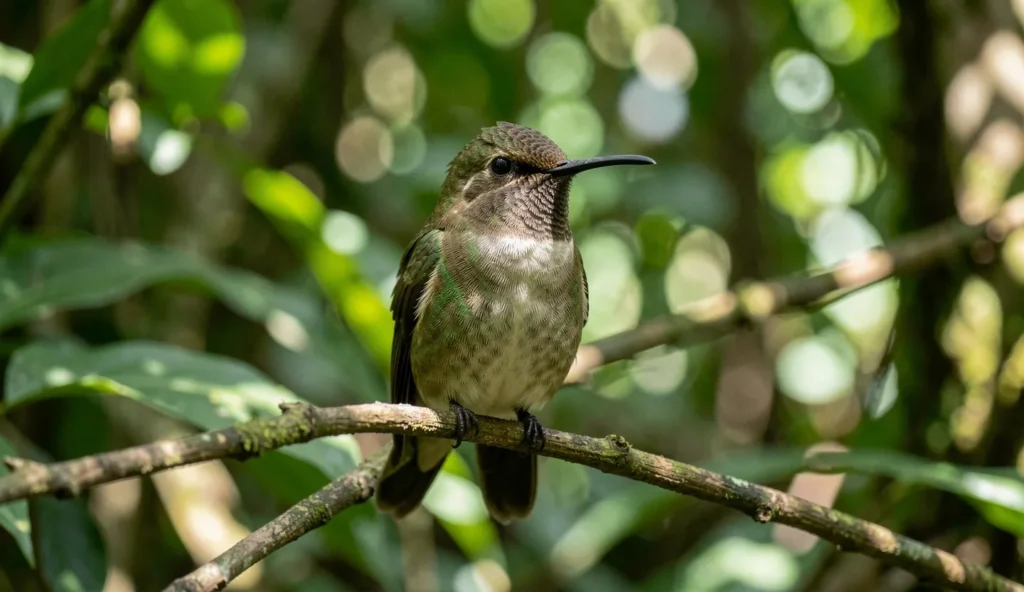 Close up of a Long-Billed Hermit perched on a branch in a tropical rainforest