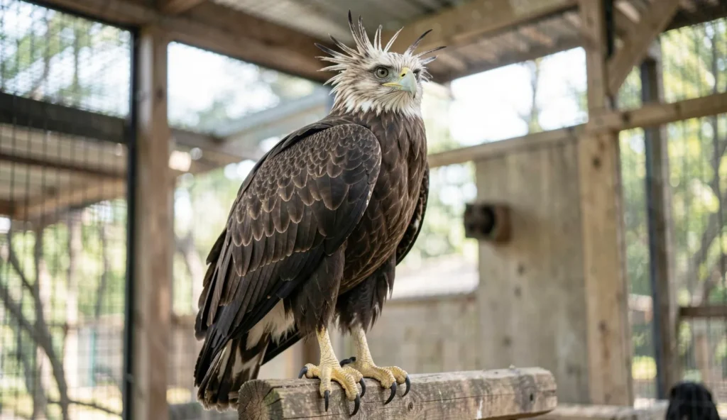 Long Crested Eagle perched on a wooden perch inside a raptor enclosure with its long crest feathers visible