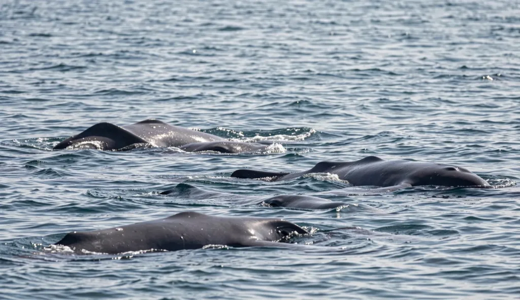 Long-finned pilot whales in a pod at the ocean surface with several whales visible above the water in cold temperate seas