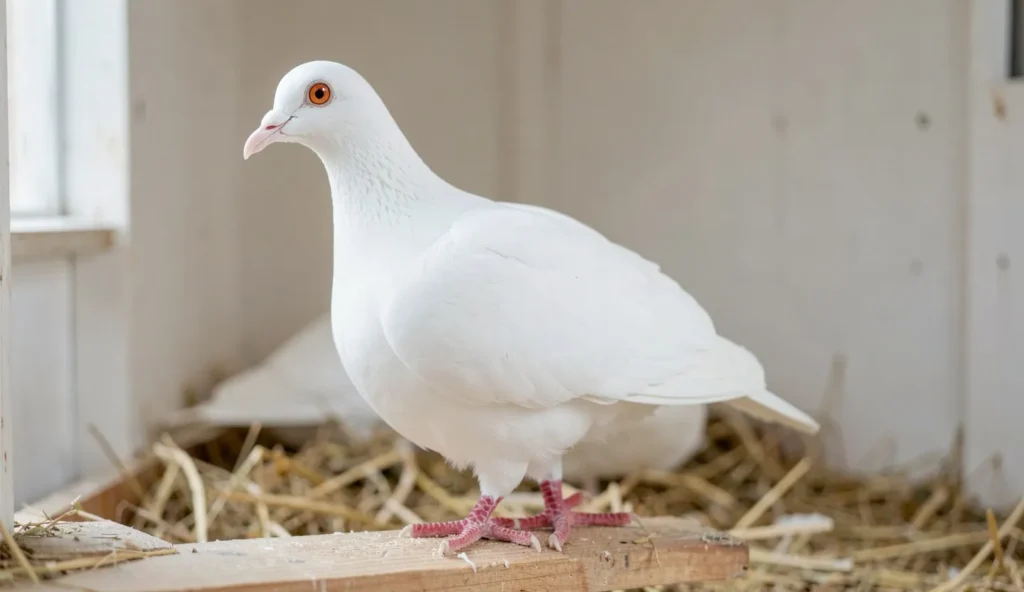 Side profile of a white Longface Tumbler pigeon with an elongated head and slender beak standing on a perch inside a clean loft.