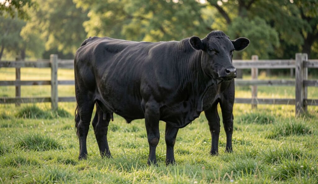 A black Lowline cow grazing in a green pasture with a wooden fence behind it