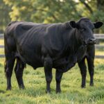 A black Lowline cow grazing in a green pasture with a wooden fence behind it