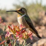 Lucifer Hummingbird – Rare Beauty of the Southwest & Complete Breed Guide Male Lucifer Hummingbird perched on a purple flower in a Southwest desert garden