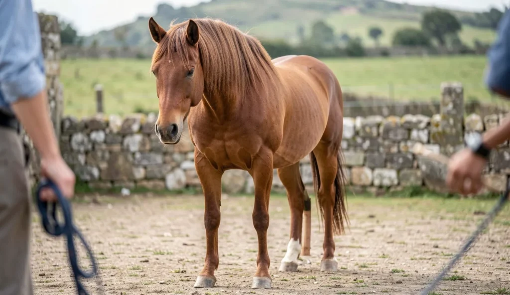 A relaxed Lusitano horse standing in a Portuguese training yard with its ears forward and natural daylight.