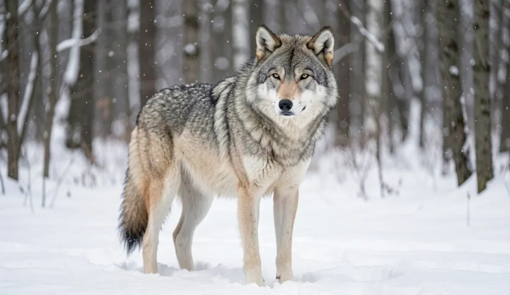 A large gray wolf stands alert in a snowy forest clearing with bare trees in the background.