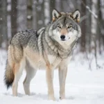 A large gray wolf stands alert in a snowy forest clearing with bare trees in the background.