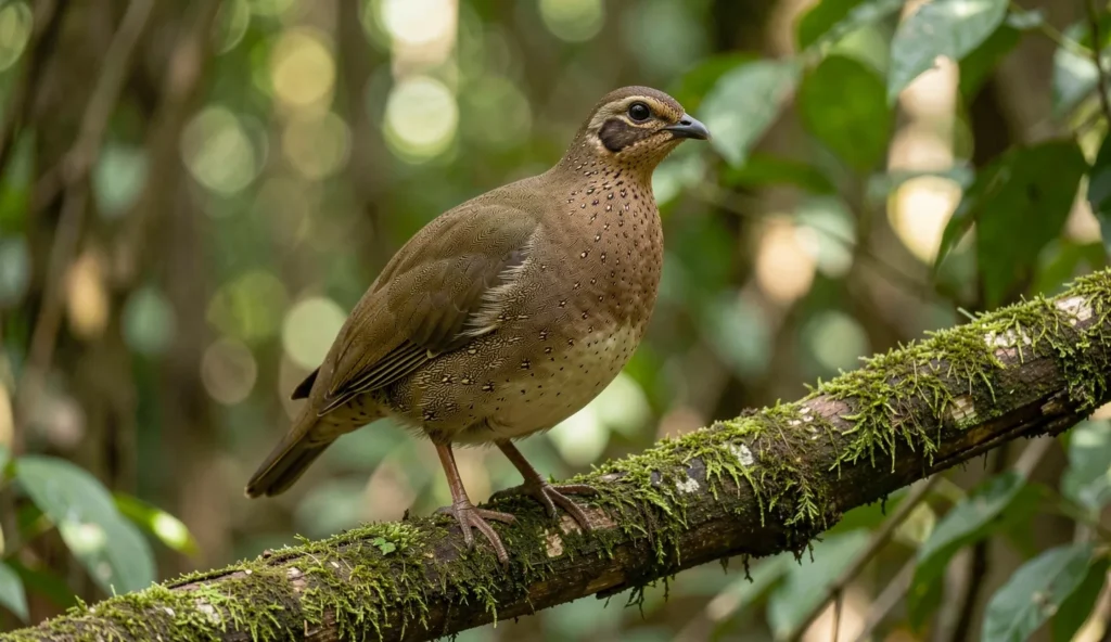 Adult Madagascar Francolin perched on a branch in a humid Madagascar forest