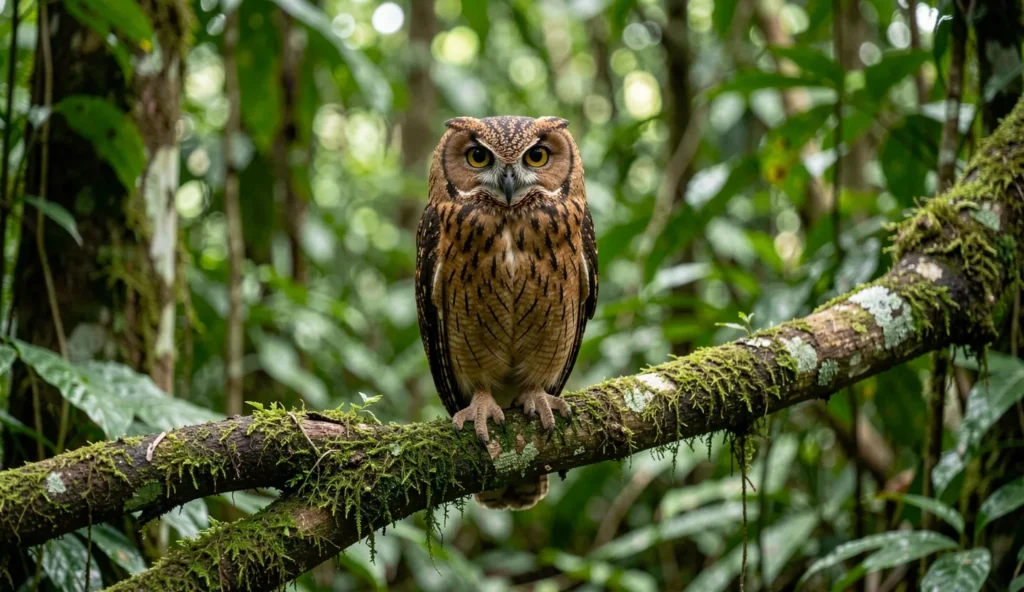 Close up of a Madagascar Red Owl perched on a mossy branch in a humid eastern Madagascar rainforest