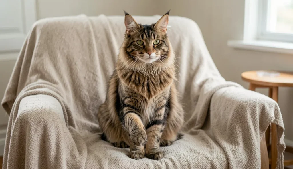 A large Maine Coon cat sitting on an armchair in a bright living room, showing long fur and tufted ears.