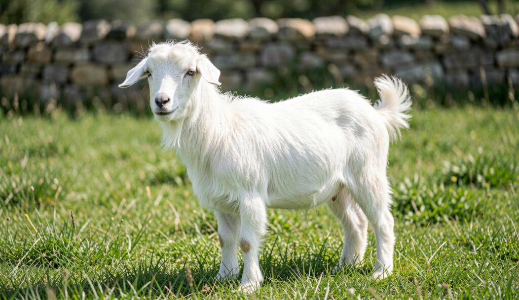 White Maltese goat standing in a grassy Mediterranean field with stone wall behind
