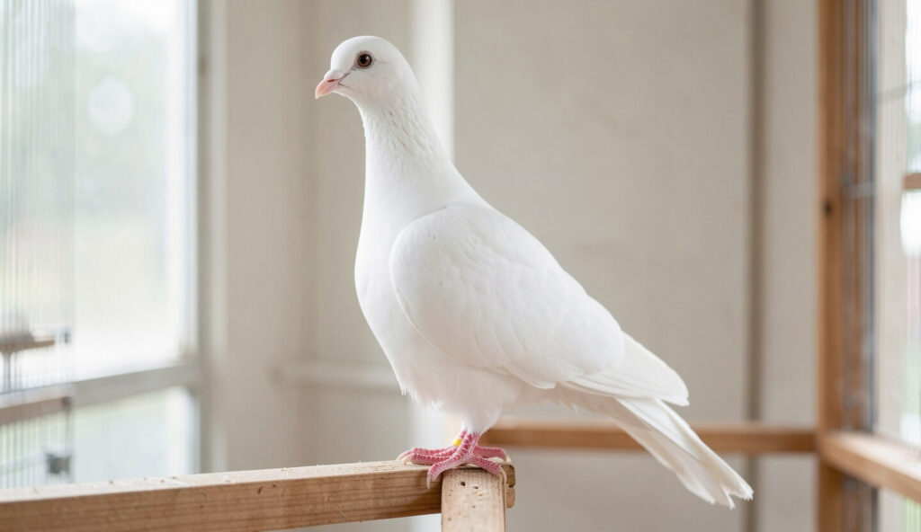 Side view of a white Maltese pigeon showing its upright stance on a wooden perch in an aviary