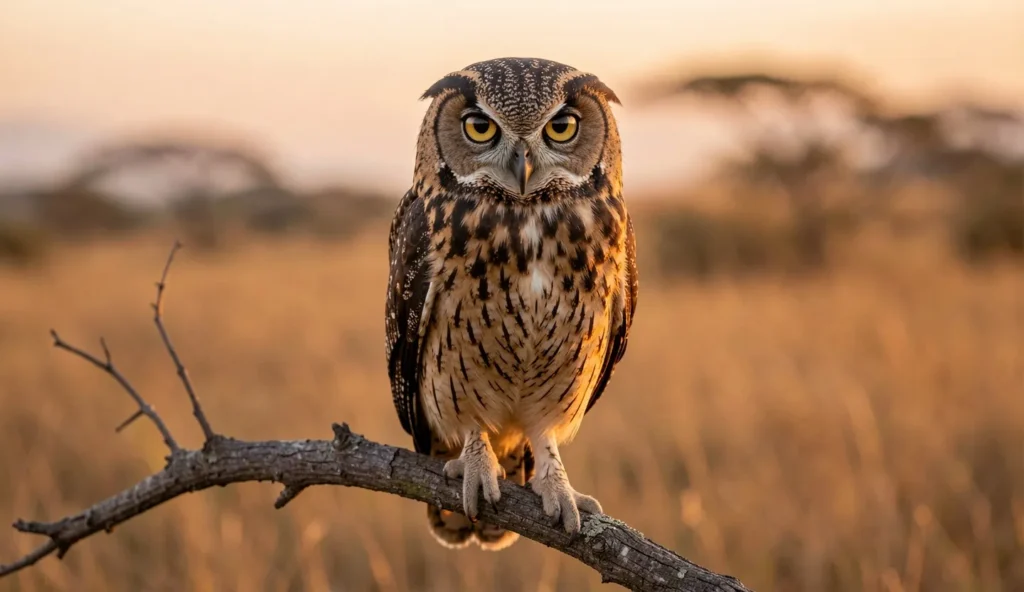 Close-up portrait of a Maned Owl perched on a branch in a sunlit African savanna at dusk