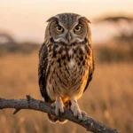 Close-up portrait of a Maned Owl perched on a branch in a sunlit African savanna at dusk