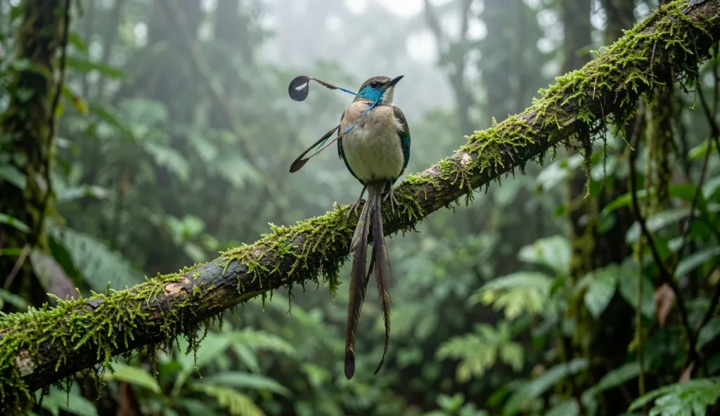 Marvelous Spatuletail perched on a branch in a Peru cloud forest showing its distinctive spatulate tail feathers