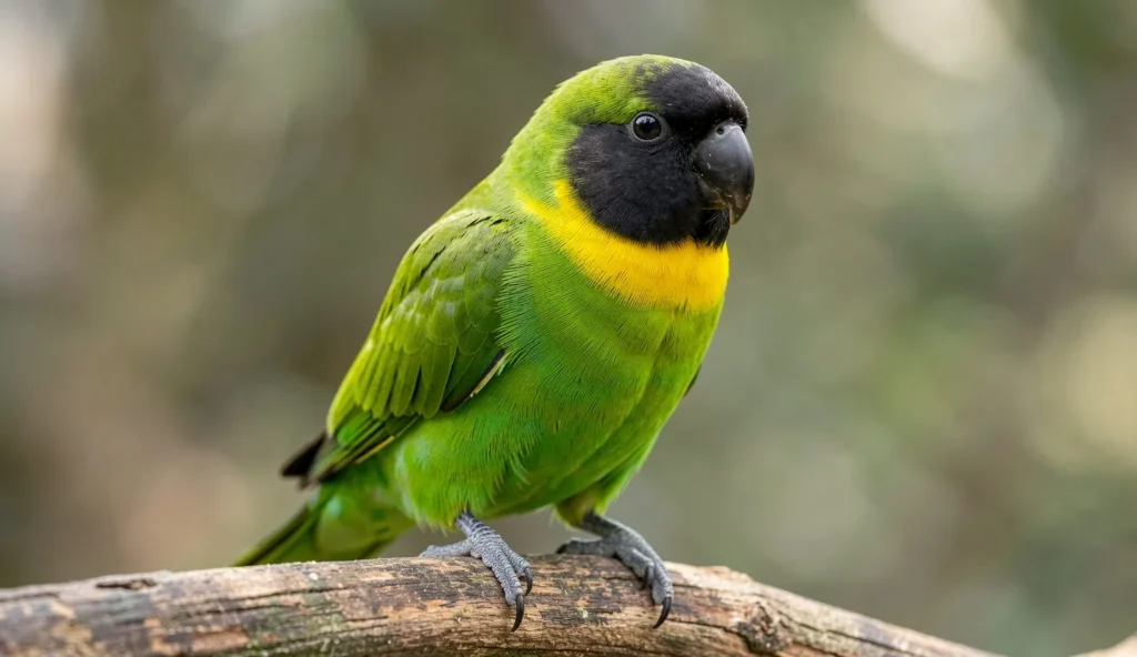 A healthy Masked Lovebird perching on a branch showing bright green and yellow plumage with a black face.