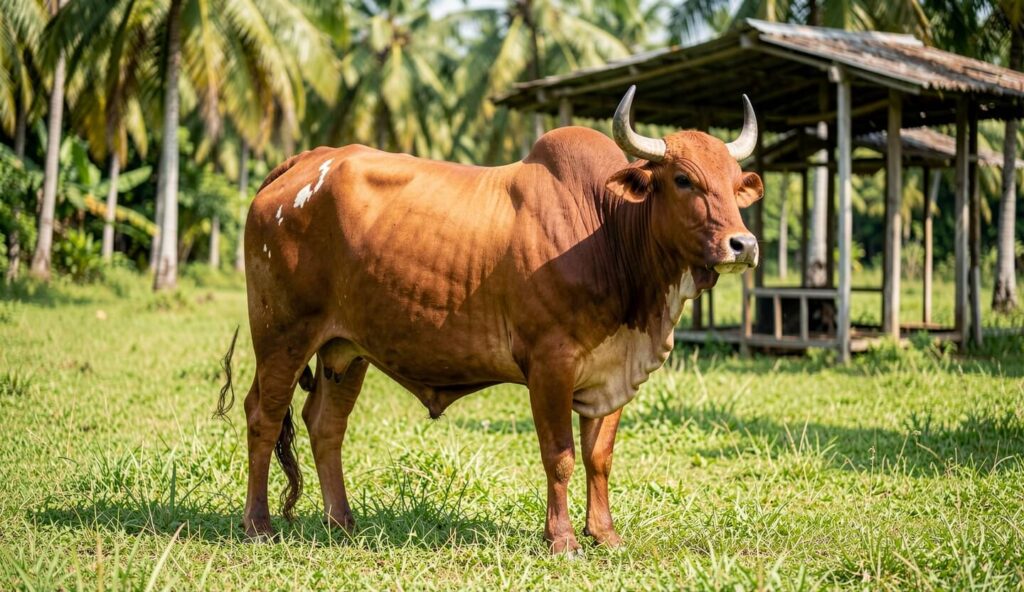 A mature Madura bull with red-brown coat and white rump patch standing in a tropical pasture with palm trees behind it.