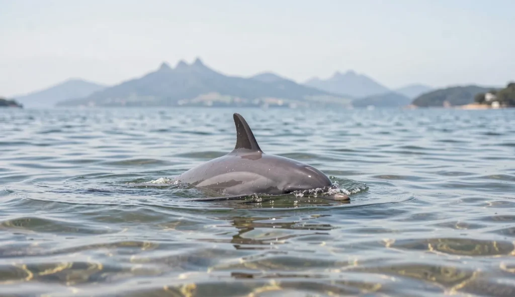 Maui dolphin surfacing near a New Zealand coastline in clear coastal water during daylight
