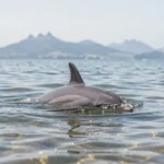 Maui dolphin surfacing near a New Zealand coastline in clear coastal water during daylight