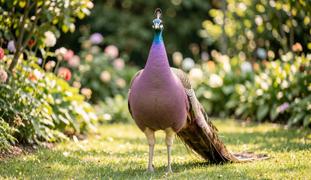 Mauve Peafowl in a garden showing muted purple grey plumage
