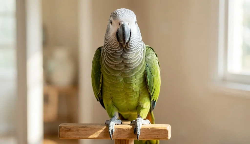 Mealy Amazon parrot perched on a wooden stand, showing its large size and green feathers with pale scaling on the head and neck.